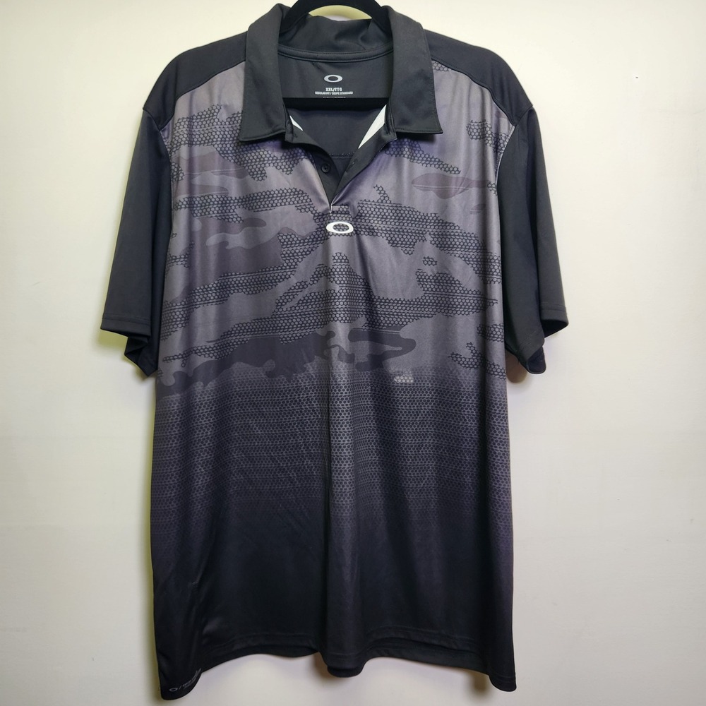 Oakley Men's Deep rough Camo Polo Shirt XXL Black Gray Digital Graphic Logo Golf